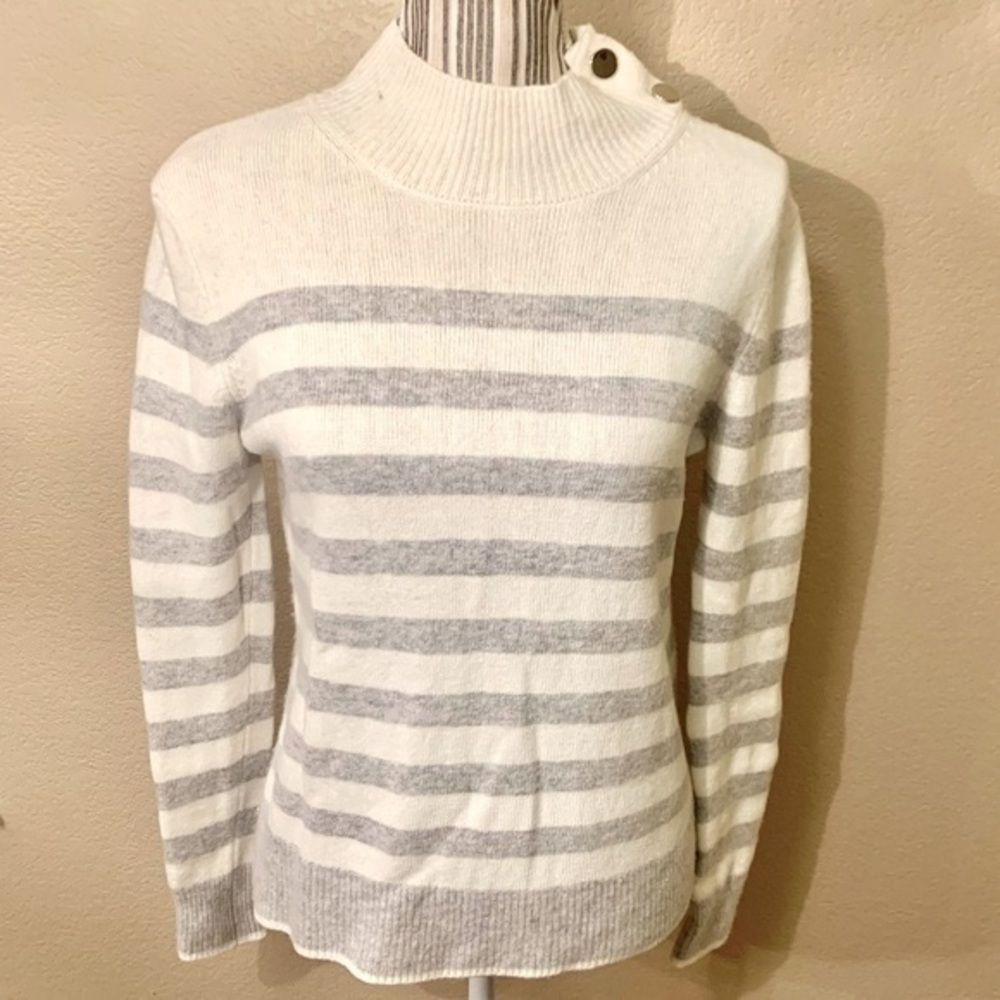 Magaschoni Sweater Small White Grey Stripes Gold Buttons Collar Wool Cashmere
